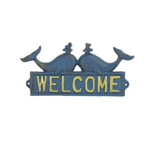 Spouting Whales Welcome Wall Plaque Blue Cast Iron 9 Inches